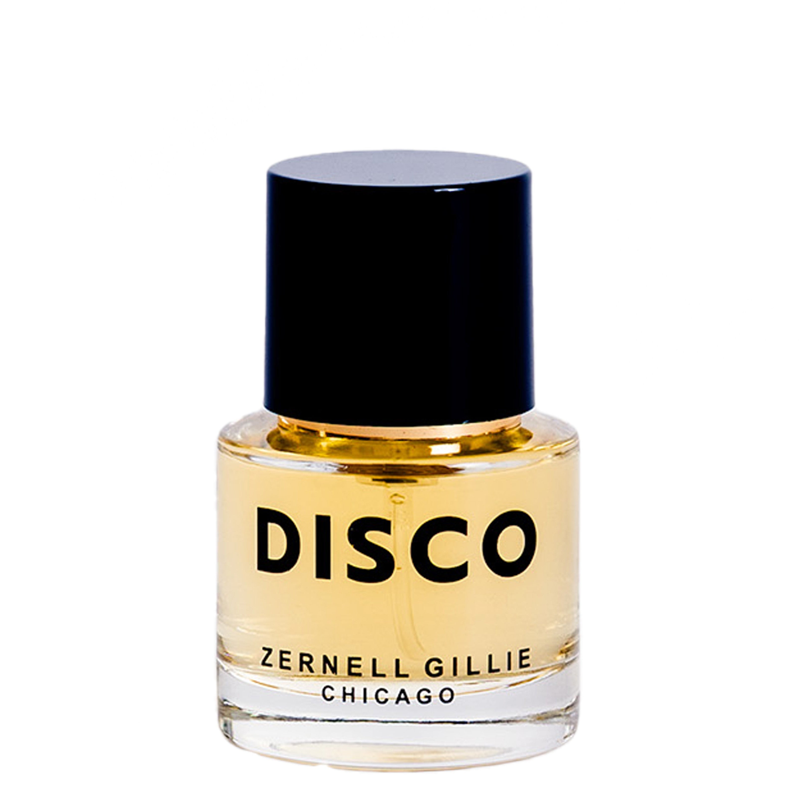 Bottle of 'DISCO' perfume by Zernell Gillie Chicago on a white background
